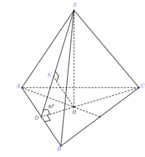 Cho hình chóp tam giác đều S.ABC có góc giữa mặt phẳng (SAB) và mặt đáy bằng   Khoảng cách từ chân đường cao của hình chóp đến mặt phẳng (SAB) bằng a. Tính thể tích khối chóp S.ABC. (ảnh 1)