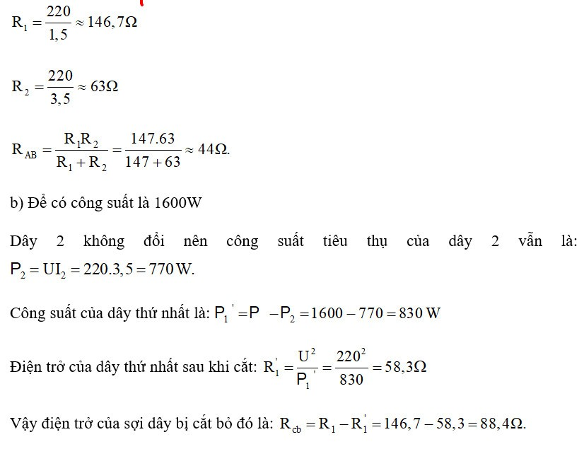 Hai dây điện trở của một bếp điện được mắc song song giữa hai điểm A và B có hiệu điện thế 220 V (ảnh 1)