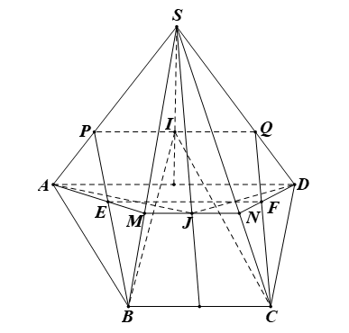 Cho hình chóp S.ABCD có đáy ABCD là hình thang, đáy lớn AD. Gọi I và J lần lượt là trọng tâm của các tam giác SAD và SBC. Mặt phẳng (ADJ) cắt SB, SC lần lượt tại M, N. Mặt phẳng (BCI) cắt SA, SD tại P, Q. a) Chứng minh MN song song với PQ. b) Gọi E là giao điểm của AM và BP, F là giao điểm của CQ và DN. Chứng minh EF song song với MN và PQ. (ảnh 1)
