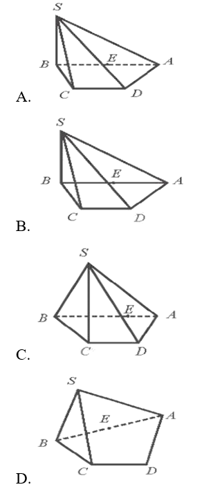 Cho hình chóp S.ABCD có đáy ABCD là hình thang, đáy lớn AB và E là trung điểm của đoạn thẳng AB. Hình vẽ nào sau đây là hình biểu diễn của hình chóp S.ABCD ? (ảnh 1)