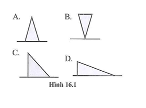 Có bốn khối tam giác có khối lượng bằng nhau đặt trên mặt sàn như hình 16.1. Khối tam giác ở hình nào tác dụng áp suất lớn nhất lên sàn?   (ảnh 1)