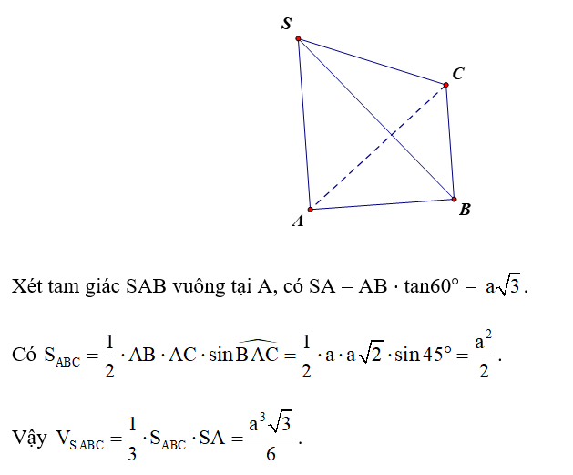 Cho hình chóp S.ABC có SA vuông góc  (ABC); AB = a, AC = a căn bậc hai 2  (ảnh 1)