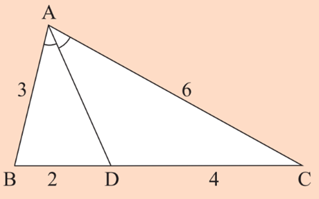 Đường phân giác AD của tam giác ABC chia cạnh đối diện BC thành hai đoạn tỉ lệ với hai đoạn thẳng nào trong hình? (ảnh 1)
