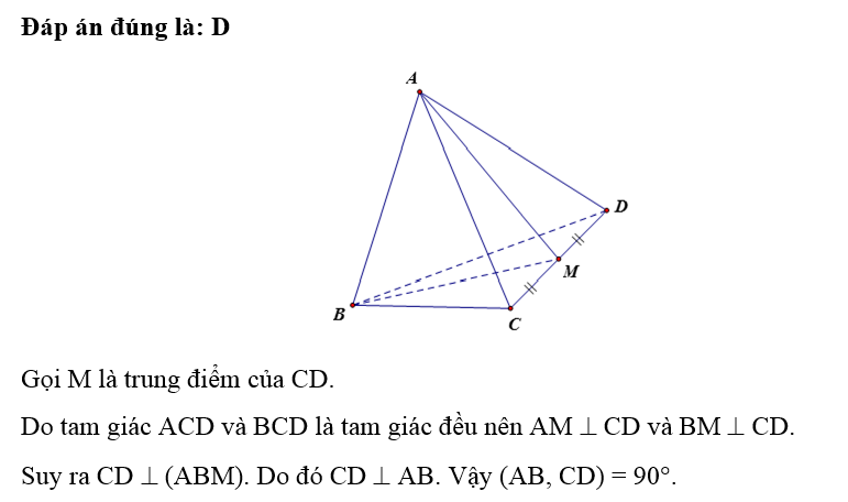 Cho tứ diện đều ABCD, góc giữa hai đường thẳng AB và CD bằng (ảnh 1)