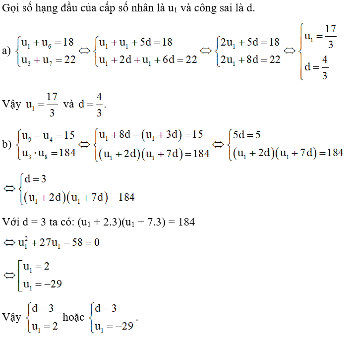 Xác định số hạng đầu và công sai của cấp số cộng (un), biết: (ảnh 1)