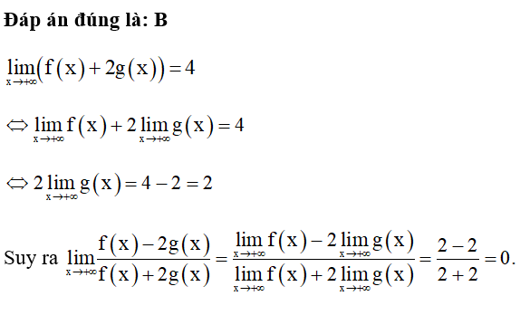 Biết rằng lim f(x) = 2; lim( f(x) + 2g(x))= 4 . Giới hạn (ảnh 1)