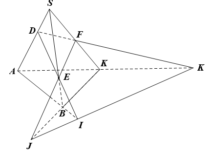 Cho hình chóp S.ABCD. Gọi D, E, F lần lượt là ba điểm trên ba cạnh SA, SB, SC sao cho DE cắt AB tại I, EF cắt BC tại J, FD cắt CA tại K. Chứng minh ba điểm I, J, K thẳng hàng. (ảnh 1)