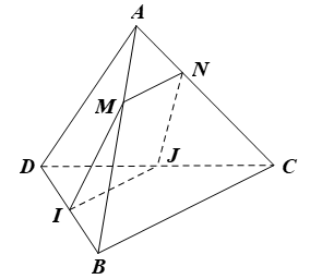 Cho tứ diện ABCD. Gọi M, N lần lượt là các điểm thuộc các cạnh AB, AC sao cho   I; J lần lượt là trung điểm của BD, CD. a) Chứng minh rằng MN // BC. b) Tứ giác MNJI là hình gì. Tìm điểu kiện để tứ giác MNJI là hình bình hành. (ảnh 1)