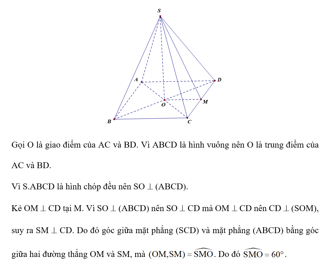Cho khối chóp đều S.ABCD có đáy ABCD là hình vuông cạnh bằng a, góc giữa mặt phẳng (SCD)  (ảnh 1)