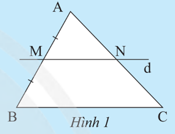 Cho tam giác ABC, vẽ đường thẳng d đi qua trung điểm M của cạnh AB, song song với cạnh BC và cắt AC tại N (Hình 1). Hãy chứng minh N là trung điểm của AC. (ảnh 1)