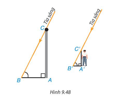 Trở lại tình huống mở đầu, ta thấy chiếc cột cùng với bóng của nó tạo thành hai cạnh góc vuông của tam giác ABC (ảnh 1)
