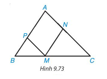 Cho Hình 9.73, biết rằng MN // AB, MP // AC. Hãy liệt kê ba cặp hai tam giác (khác nhau) đồng dạng có trong hình.  (ảnh 1)