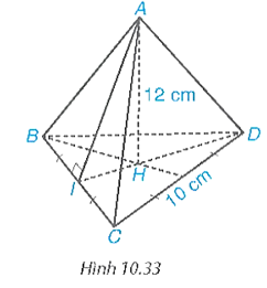 Tính thể tích hình chóp tam giác đều A.BCD có độ dài cạnh đáy bằng 10 cm, chiều cao bằng (ảnh 1)