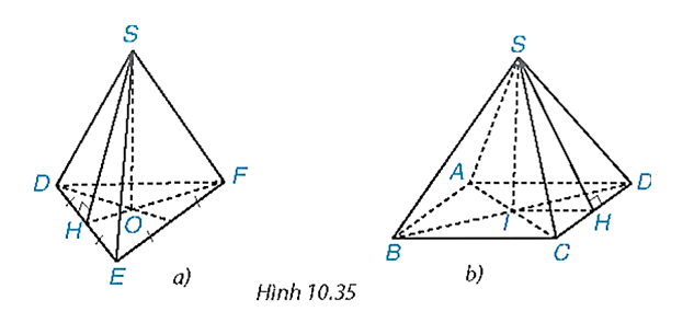 Gọi tên đỉnh, cạnh bên, cạnh đáy, đường cao và một trung đoạn của hình chóp tam giác đều, hình chóp tứ giác đều trong Hình 10.35. (ảnh 1)