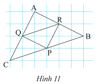 Cho biết cạnh mỗi ô vuông bằng 1 cm. Tính độ dài các đoạn PQ, PR, RQ, AB, BC, CA trong Hình 11. (ảnh 1)