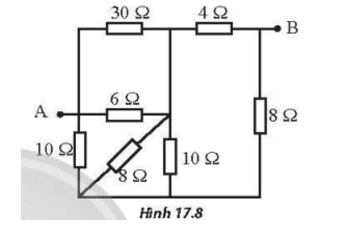 Các điện trở mắc như Hình 17.8. Hãy tính điện trở tương đương giữa hai điểm A và B. (ảnh 1)