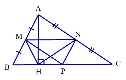 Cho tam giác ABC nhọn. Gọi M, N, P lần lượt là trung điểm của AB, AC, BC. Kẻ đường cao AH. Chứng minh rằng tứ giác MNPH là hình thang cân. (ảnh 1)