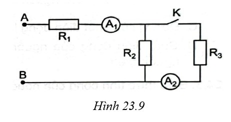 Cho mạch điện như Hình 23.9. Hiệu điện thế giữa hai đầu đoạn mạch  là (ảnh 1)