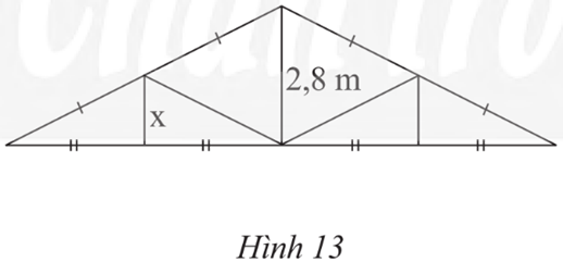 Một mái nhà được vẽ lại như Hình 13. Tính độ dài x trong hình mái nhà. (ảnh 1)