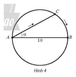 Tại một bể bơi có dạng hình tròn có đường kính AB = 10 m, một người xuất phát từ A bơi thẳng theo dây cung AC tạo với đường kính AB một góc   rồi chạy bộ theo cung nhỏ CB đến điểm B (Hình 4). Gọi S(α) là quãng đường người đó đã di chuyển. (ảnh 1)