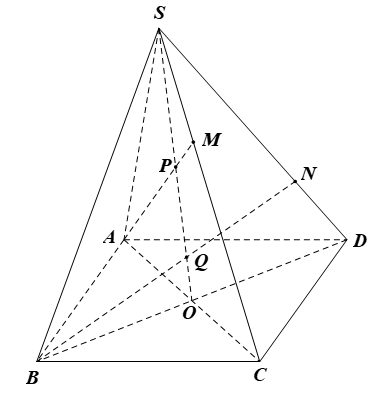 Cho hình chóp S.ABCD, đáy là hình bình hành có O là giao điểm của AC và BD. Gọi M, N lần lượt là các điểm nằm trên cạnh SC và SD. Đường thẳng SO cắt đường thẳng AM và BN lần lượt tại P và Q. Giao điểm của đường thẳng AM với mặt phẳng (SBD) là điểm nào sau đây? A. Điểm P. B. Điểm Q. C. Điểm O. D. Điểm M. (ảnh 1)