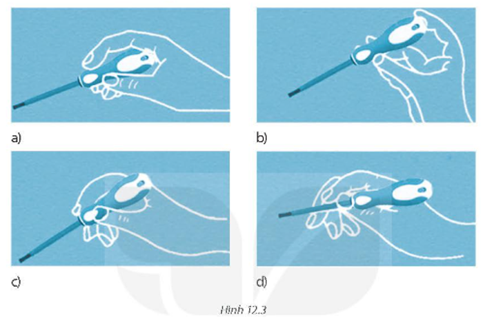 Thao tác sử dụng bút thử điện nào trong Hình 12.3 là không đúng cách? Chỉ ra các thao tác sai trong mỗi hình (ảnh 1)