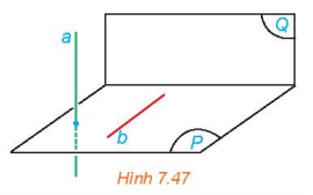 Cho mặt phẳng (P) chứa đường thẳng b vuông góc với mặt phẳng (Q). Lấy một đường thẳng a vuông góc với (P). (H.7.47).  a) Tính góc giữa a và b.  b) Tính góc giữa (P) và (Q). (ảnh 1)