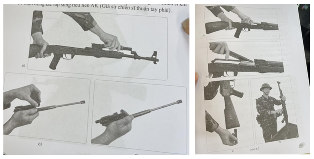 Quan sát hình 6.2 và chỉ ra những điểm chưa đúng của chiến sĩ khi thực hiện động tác lắp súng tiểu liên AK (Giả sử chiến sĩ thuận tay phải). (ảnh 1)