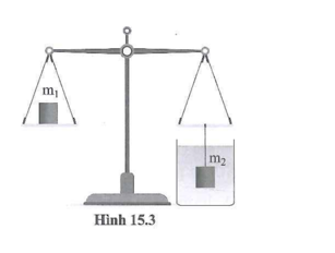Có hai vật có khối lượng m1 và m2. Vật m1 được đặt ở đĩa cân bên trái, vật m2 được treo vào đĩa cân bên phải. Lúc đầu, cân thăng bằng. Sau đó, người ta nhúng vật m2 ngập hoàn toàn trong chất lỏng (hình 15.3). Cân còn thăng bằng nữa hay không? Nếu không thăng bằng thì cân sẽ lệch về phía nào? Vì sao?    (ảnh 1)