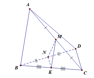 Cho tứ diện ABCD, gọi M là N lần lượt là trung điểm của AC và BD. (ảnh 1)