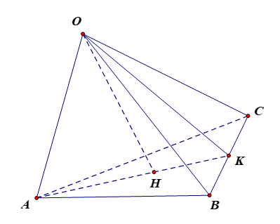 Cho tứ diện OABC có ba cạnh OA, OB, OC đôi một vuông góc với nhau. Gọi (ảnh 1)