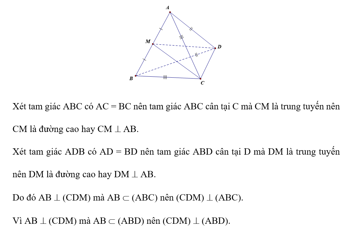 Cho tứ diện ABCD có AC = BC, AD = BD. Gọi M là trung điểm của AB. Chứng minh rằng (ảnh 1)