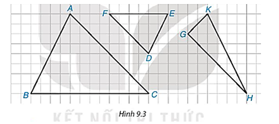 Trong các tam giác được vẽ trên ô lưới vuông (H.9.3), có một cặp tam giác đồng dạng. Hãy chỉ ra cặp tam  (ảnh 1)