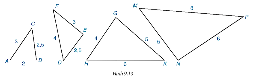 Những cặp tam giác nào dưới đây (H.9.13) là đồng dạng? (các kích thước được tính theo đơn vị centimét). Viết đúng kí hiệu đồng dạng. (ảnh 1)