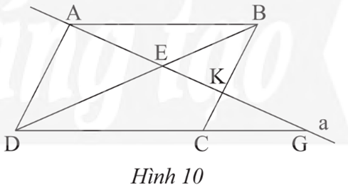 Cho hình bình hành ABCD. Đường thẳng a đi qua A cắt BD, BC, DC lần ượt tại E, K, G (Hình 10). Chứng minh rằng: a) AE2 = EK.EG. (ảnh 1)