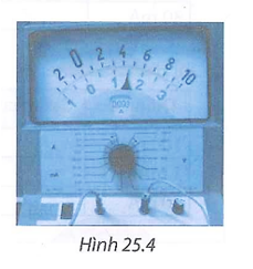 Ampe kế đang để ở thang đo 0,003 A. Cường độ dòng điện đo được trong ampe kế ở hình 25.4 là: (ảnh 1)