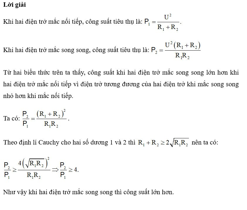 Hai điện trở  và  được mắc vào hiệu điện thế không đổi. Hỏi trong trường hợp mắc nối tiếp hai (ảnh 1)