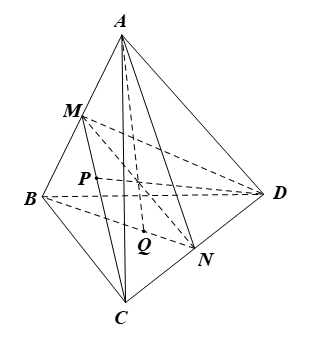 Cho tứ diện ABCD có P, Q lần lượt là trọng tâm của tam giác ABC và BCD. Giao tuyến của mặt phẳng (ABQ) và mặt phẳng (DCP) là đường thẳng d. Khẳng định nào dưới đây đúng? A. d đi qua trung điểm hai cạnh AB và CD. B. d đi qua trung điểm hai cạnh AB và AD. C. d là đường thẳng PQ. D. d là đường thẳng QA. (ảnh 1)