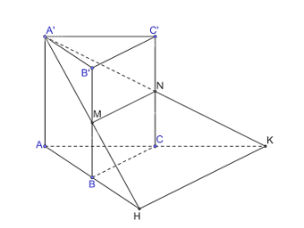 Cho hình lăng trụ tam giác đều ABC.A'B'C' có AB = a,  AA'= a căn 2 . Gọi M, N lần lượt là trung điểm của cạnh BB' và CC'. Mặt phẳng (A'MN) cắt đường thẳng AB, AC tương ứng tại H và K.  a) Chứng minh rằng MN // HK. (ảnh 1)