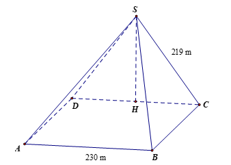 Kim tự tháp Kheops là kim tự tháp lớn nhất trong các kim tự tháp ở Ai Cập, được xây dựng vào thế kỉ thứ 26 trước Công nguyên và là một trong bảy kì quan của thế giới cổ đại. Kim tự tháp có dạng hình chóp với đáy là hình vuông có cạnh dài khoảng 230 m, các cạnh bên bằng nhau và dài khoảng 219 m (kích thước hiện nay).  (Theo britannica.com). Tính (gần đúng) góc tạo bởi cạnh bên SC và cạnh đáy AB của kim tự tháp    (ảnh 2)
