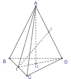Cho tứ diện ABCD có tam giác ABC cân tại A, tam giác BCD cân tại D. Gọi I là trung điểm của cạnh BC. a) Chứng minh rằng BC  (AID). (ảnh 1)