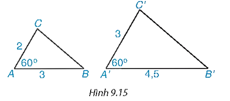 Cho hai tam giác ABC và A'B'C' có độ dài các cạnh (theo đơn vị cm) như Hình 9.15. (ảnh 1)