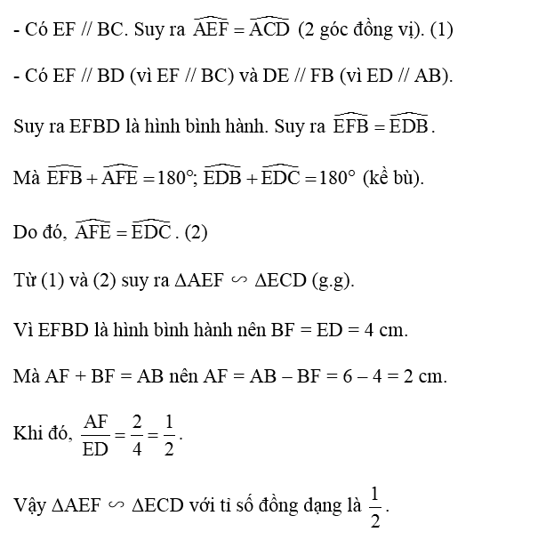 Cho các điểm A, B, C, D, E, F như Hình 9.29. Biết rằng DE // AB, EF // BC, DE = 4 cm, AB = 6 cm.  (ảnh 2)