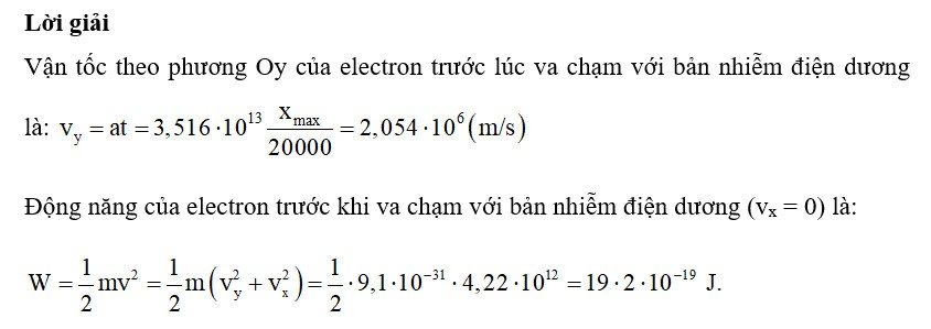 Hãy tính vận tốc theo phương Oy và động năng của electron khi va chạm với bản phẳng nhiễm điện dương ở bài 18.17 (ảnh 1)