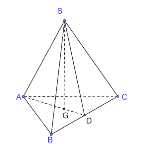 Cho khối chóp đều S.ABC, đáy có cạnh bằng a, cạnh bên bằng b. Tính thể tích của khối chóp đó. Từ đó suy ra thể tích của khối tứ diện đều có cạnh bằng a. (ảnh 1)