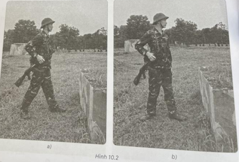 Quan sát hình 10.2 và chỉ ra những điểm chưa đúng của chiến sĩ khi thực hiện động tác quỳ ném lựu đạn (Giả sử chiến sĩ thuận tay phải). (ảnh 1)