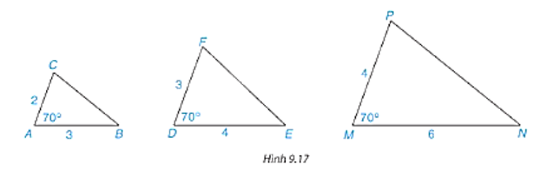 Những cặp tam giác nào trong Hình 9.17 là đồng dạng? (Các kích thước được tính theo đơn vị centimét). Viết đúng kí hiệu đồng dạng. (ảnh 1)