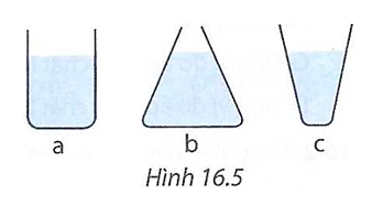 Hãy so sánh áp suất và áp lực của chất lỏng tác dụng lên đáy các bình a, b, c ở Hình 16.5. Biết chất lỏng trong các bình là cùng loại. (ảnh 1)