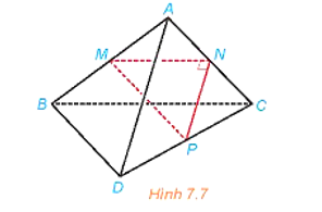 Cho tam giác MNP vuông tại N và một điểm A nằm ngoài mặt phẳng (MNP). Lần lượt lấy các điểm B, C, D sao cho M, N, P tương ứng là trung điểm của AB, AC, CD (H.7.7). Chứng minh rằng AD và BC vuông góc với nhau và chéo nhau.   (ảnh 1)