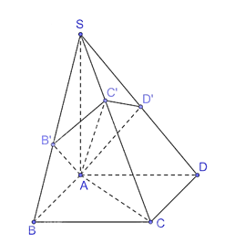 Với giả thiết như ở Ví dụ 3, Cho hình chóp S.ABCD có đáy là hình chữ nhật và SA  (ABCD). Gọi B', C', D' tương ứng là hình chiếu của A trên SB, SC, SD. Chứng minh rằng: a) Các mặt phẳng (AB'C'D') và (ABCD) cùng vuông góc với (SAC); (ảnh 1)